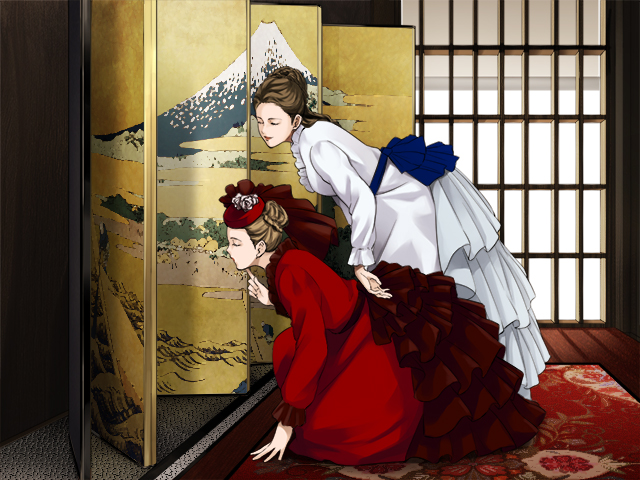 日本の工芸品を眺める娘たち