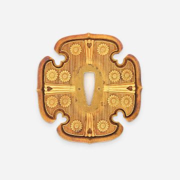 金梨子地菊紋散 蒔絵鞘 金無垢総金具 糸巻太刀拵 鍔